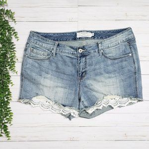 Mid-Rise Shorts w Distressed + Crochet Trim